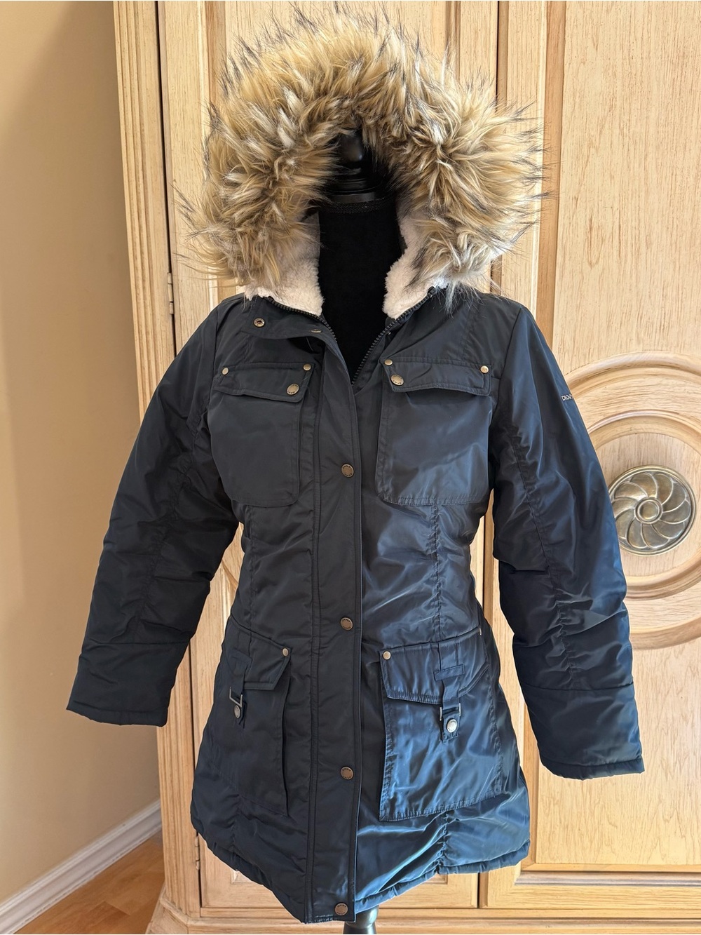 Vintage DKNY Utility Parka Coat Faux Fur Sherpa Hood L